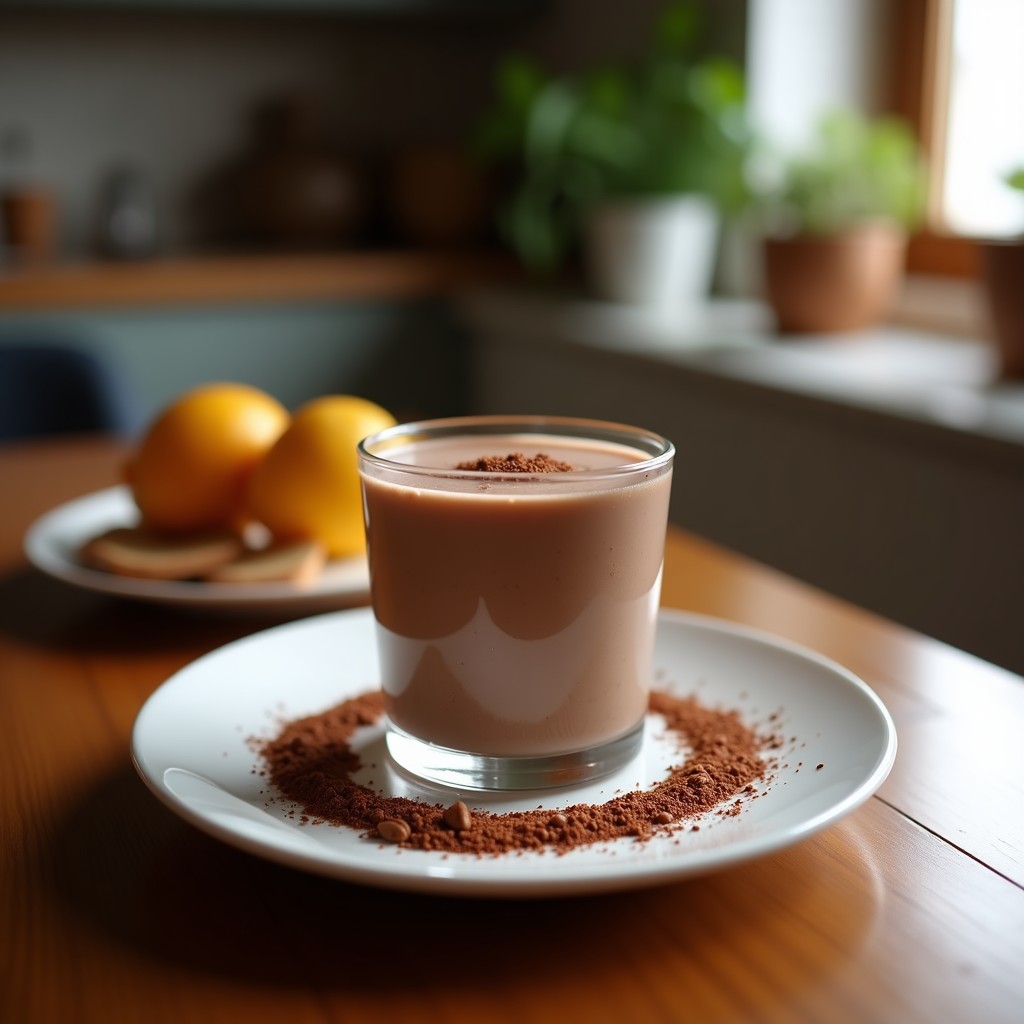 Vaso alto de cristal con smoothie de máca y chocolate con avena, espolvoreado con cacao puro y semillas de chía, sobre fondo de madera con ingredientes dispersos.
