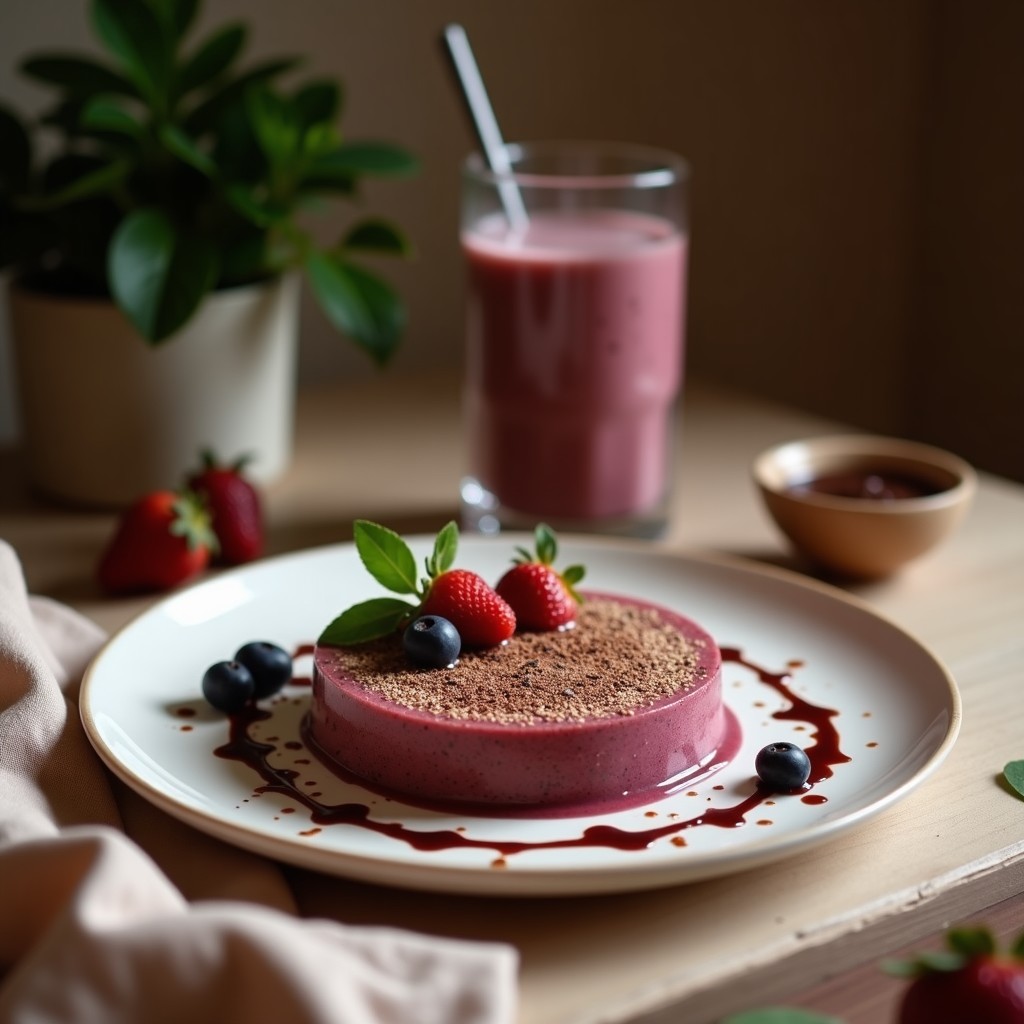 Vaso alto de cristal con smoothie de máca y chocolate proteico, espeso y cremoso, decorado con semillas de chía y cacao en polvo, sobre una mesa rústica con ingredientes al fondo.