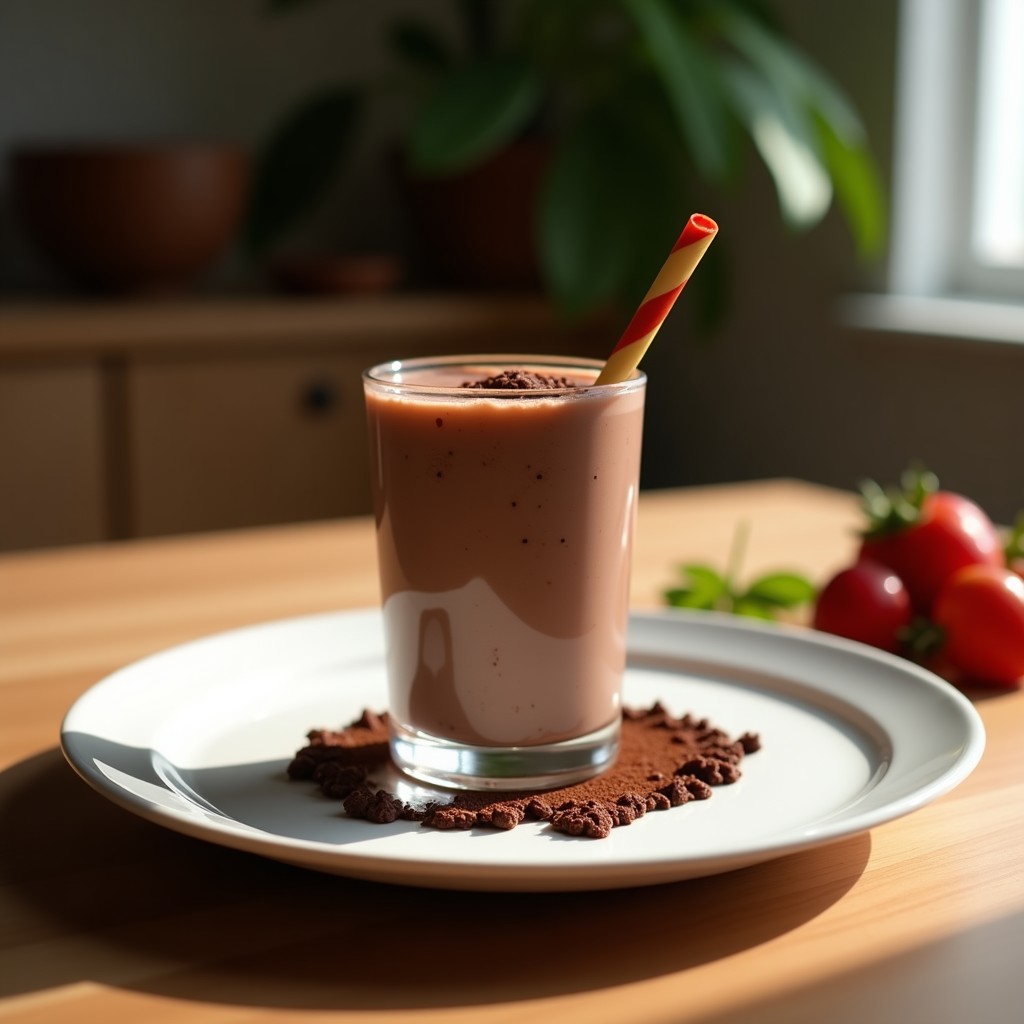 Vaso alto transparente con smoothie espeso de color marrón cremoso, decorado con semillas de chía y cacao en polvo. Fondo con hojas de plátano y trozos de mamey fresco.