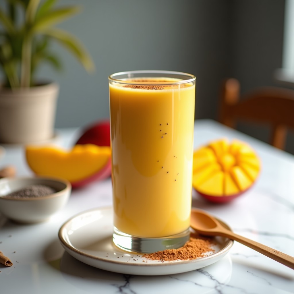 Vaso alto transparente con smoothie de mango y chía alta en proteína, textura cremosa, decorado con semillas de chía y canela en polvo, fondo blanco con detalles de mango fresco.