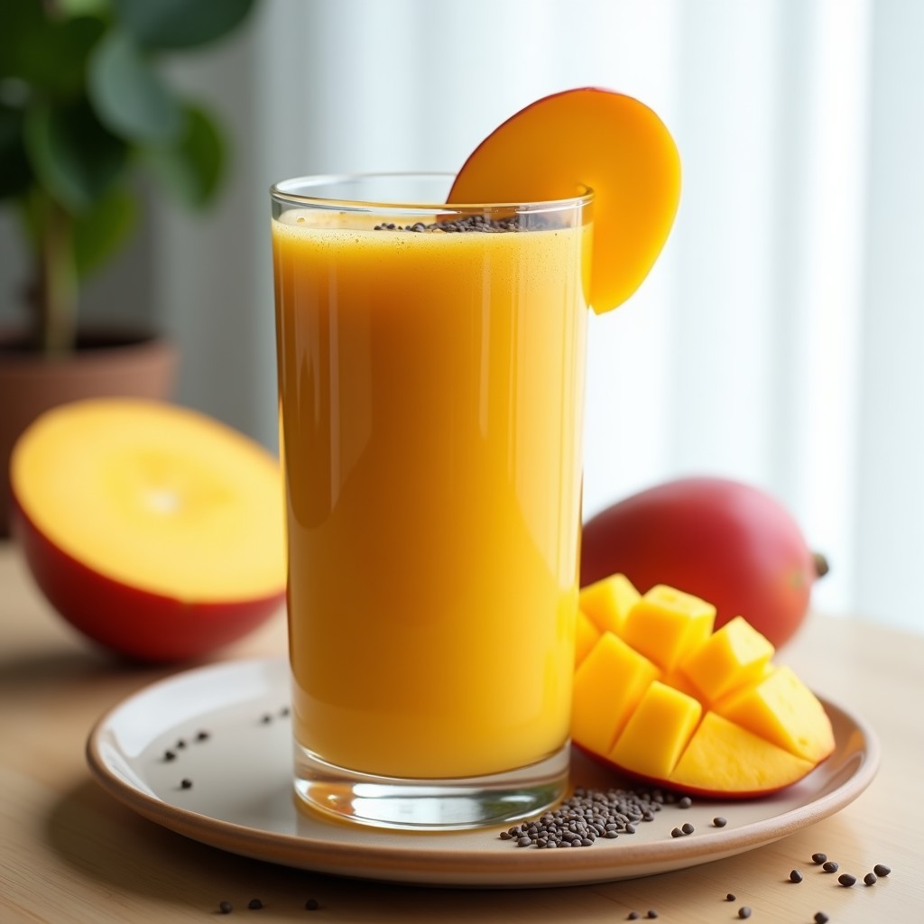 Vaso alto transparente con smoothie de mango y chía, decorado con rodajas de mango fresco y semillas de chía espolvoreadas. Fondo blanco con gotas de agua condensada en el vaso.