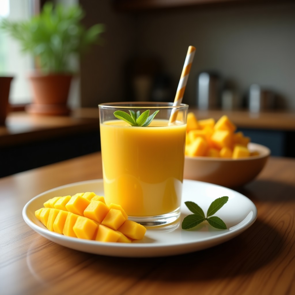 Vaso alto transparente con smoothie amarillo dorado de mango, chía y cúrcuma, decorado con semillas de chía espolvoreadas y una rodaja de mango en el borde. Fondo blanco limpio con hojas de menta fresca.
