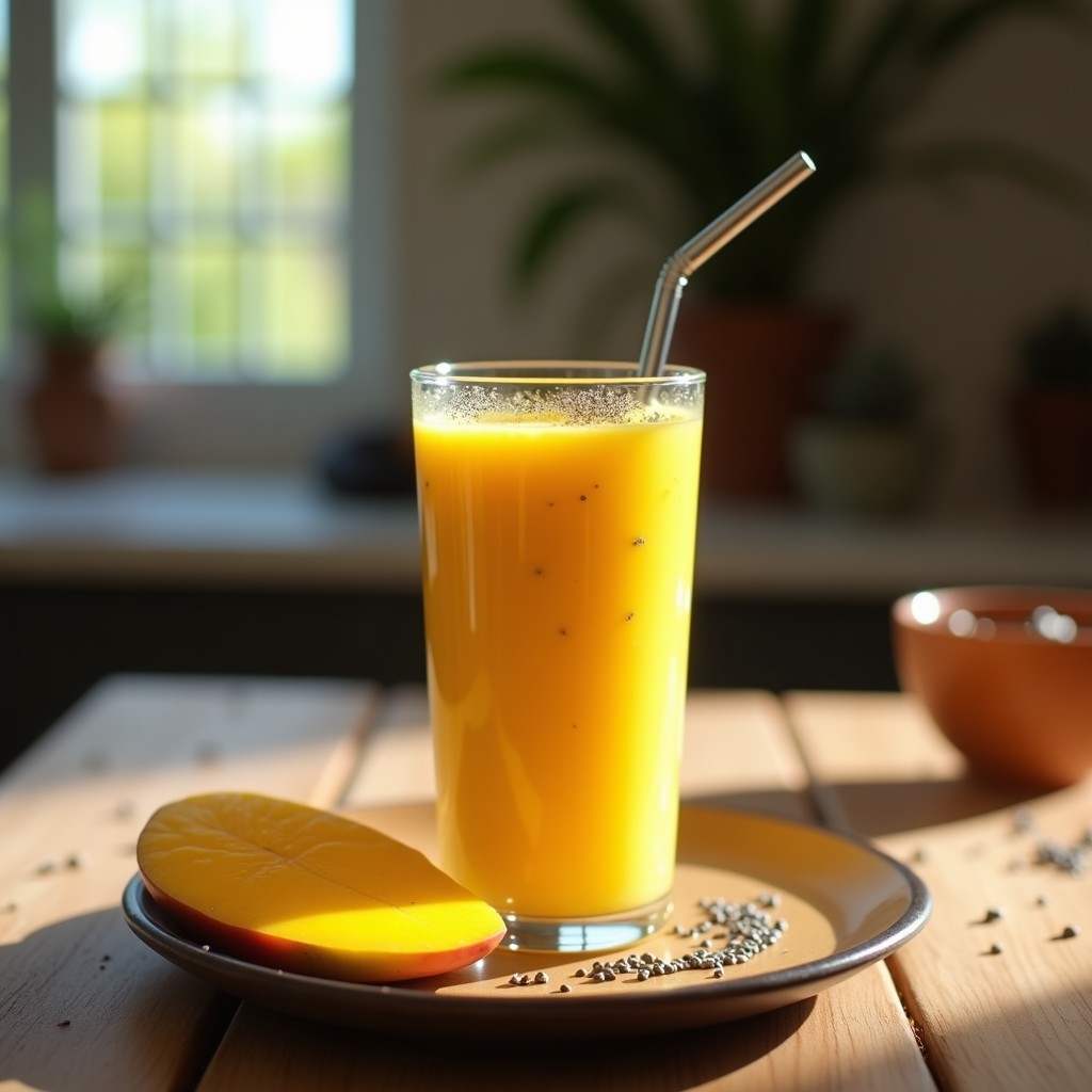 Vaso alto transparente con smoothie de mango y chía de color amarillo vibrante, decorado con semillas de chía en la superficie, servido con una pajita de metal sobre una mesa de madera rústica.
