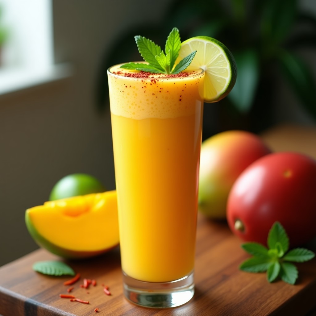 Vaso alto de cristal con smoothie cremoso de mango, decorado con chile en polvo en el borde y hojas de menta, sobre una mesa rústica con limas y un mango al fondo.