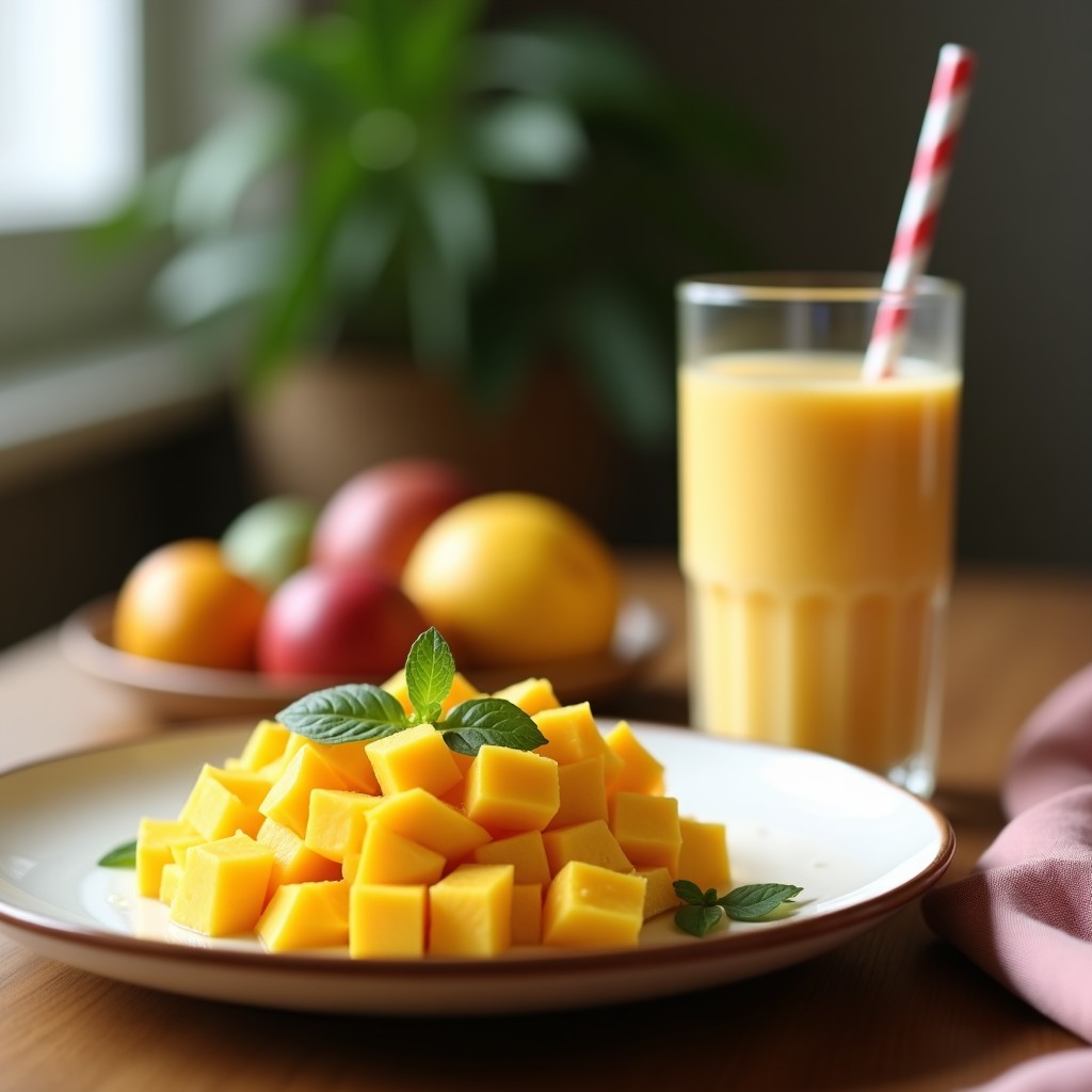 Vaso alto transparente con smoothie cremoso de color naranja claro, decorado con copos de coco y una pizca de canela en la superficie, con una pajita de bambú y fondo de hojas de palmeras.