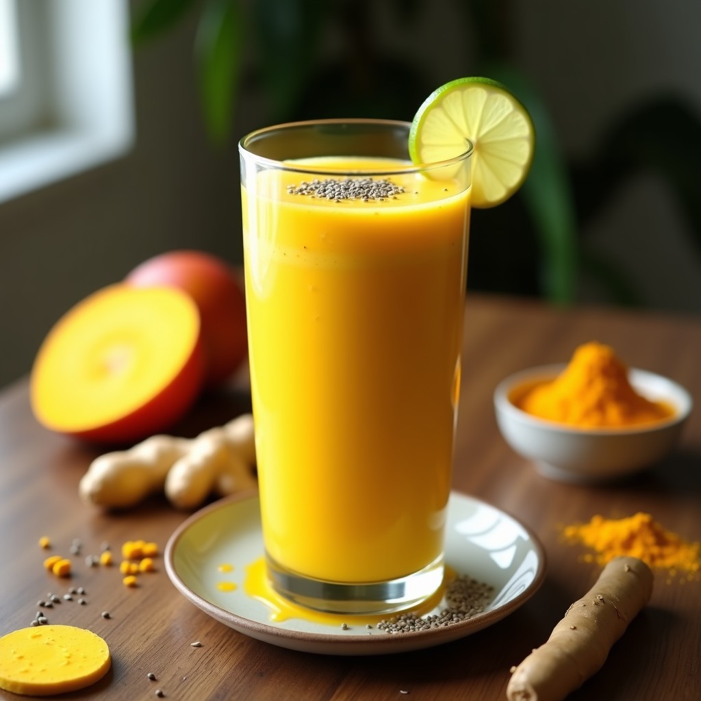 Vaso alto de cristal con smoothie cremoso de mango y cúrcuma, color amarillo dorado, decorado con semillas de chía y una rodaja de limón al borde. Fondo de encimera de madera con ingredientes dispersos: mango cortado, jengibre y cúrcuma en polvo.