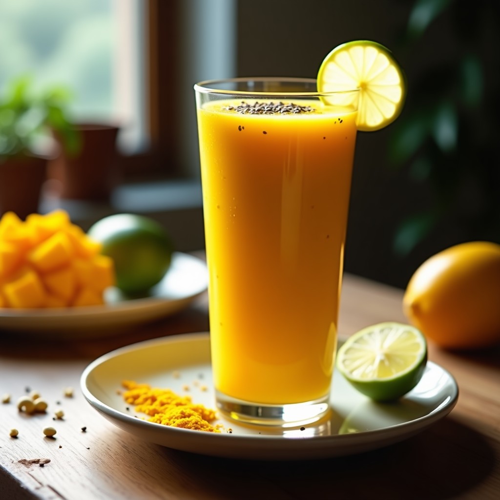 Vaso alto transparente con smoothie de mango y cúrcuma, decorado con semillas de chía y una rodaja de limón, preparado en airfryer. Textura cremosa y color dorado vibrante.