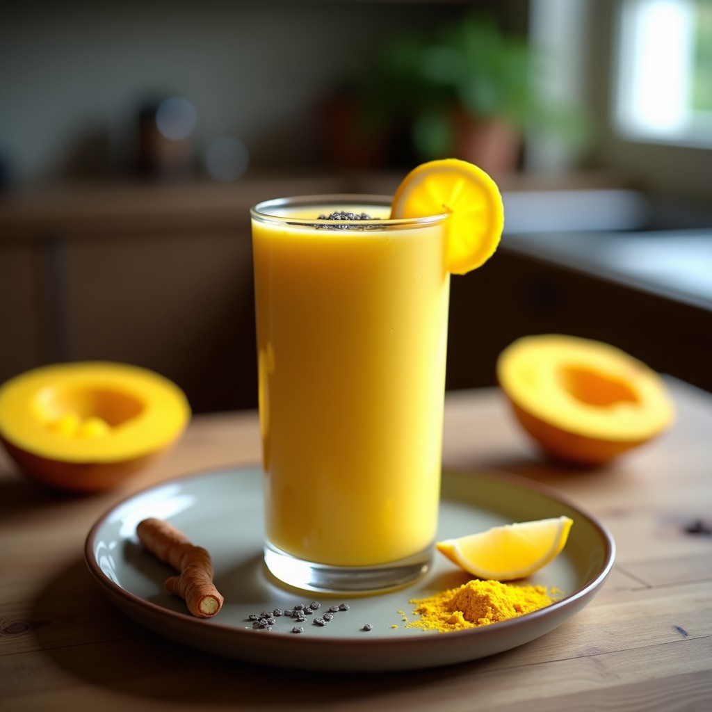 Vaso alto transparente con smoothie de mango y cúrcuma detox, color amarillo vibrante, decorado con semillas de chía y rodaja de limón, sobre fondo de madera rústica.
