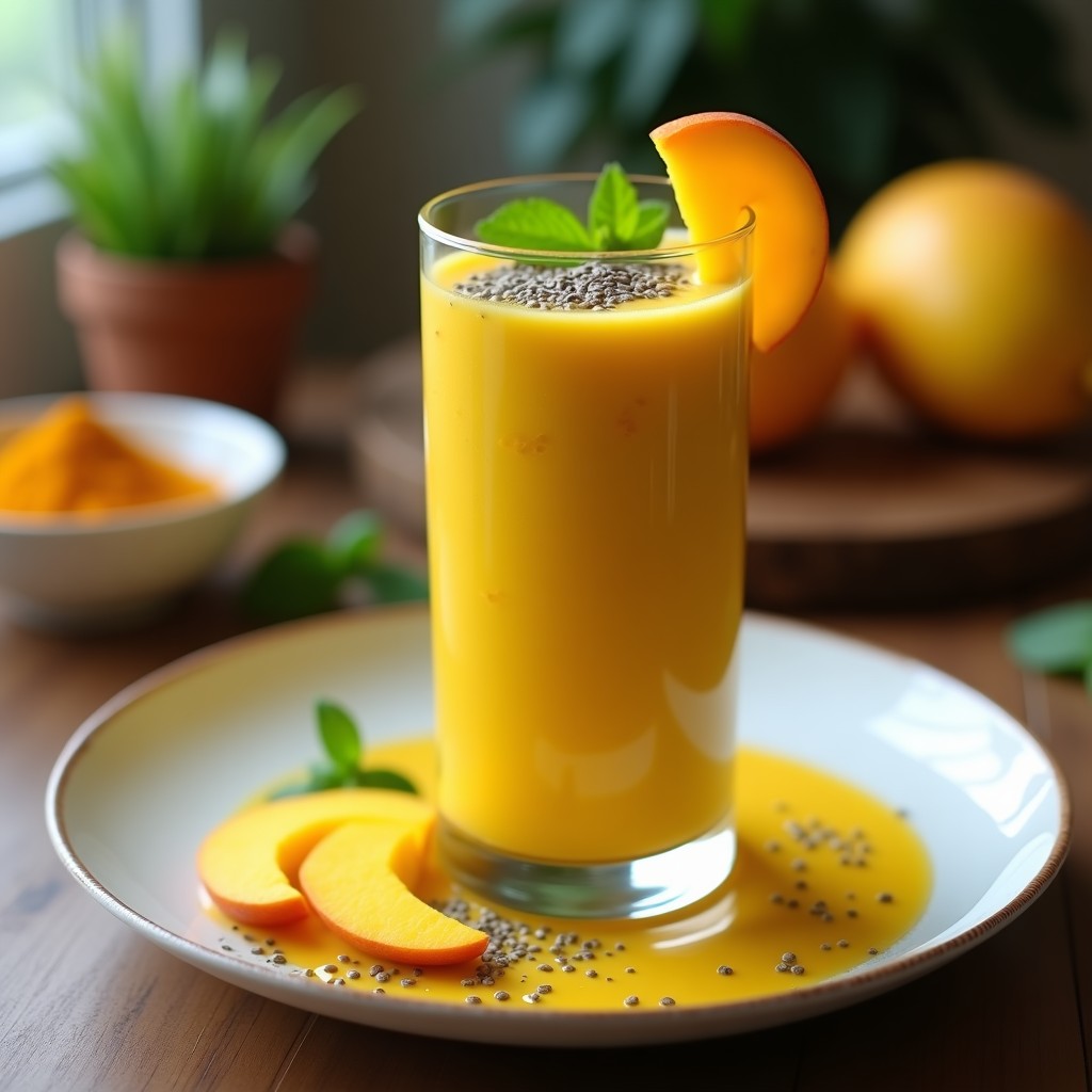 Vaso alto transparente con smoothie de mango y cúrcuma, color amarillo dorado, decorado con semillas de chía y rodaja de mango, sobre fondo de madera rústica con hojas de menta.