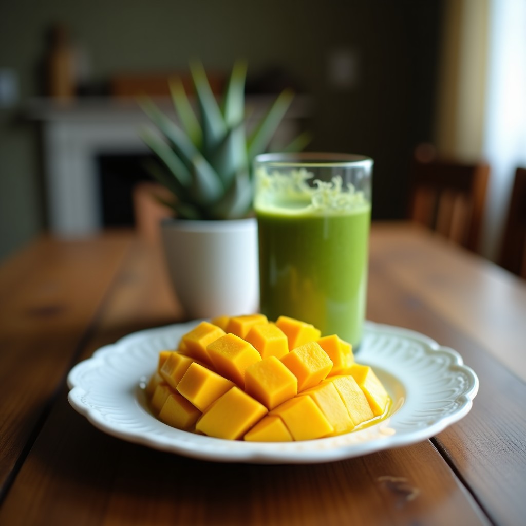 Vaso alto transparente con smoothie de mango, espirulina y leche de coco, de color verde tropical suave, decorado con semillas de chía y copos de coco. Fondo blanco con hojas de menta y una rodaja de mango al lado. Bebida energética detox lista para servir.