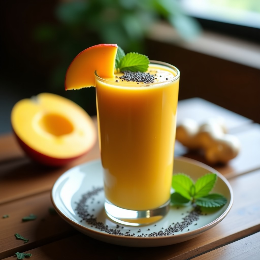 Vaso alto transparente con smoothie de mango y jengibre desintoxicante, decorado con rodaja de mango y semillas de chía, sobre fondo de madera rústica con hojas de menta.