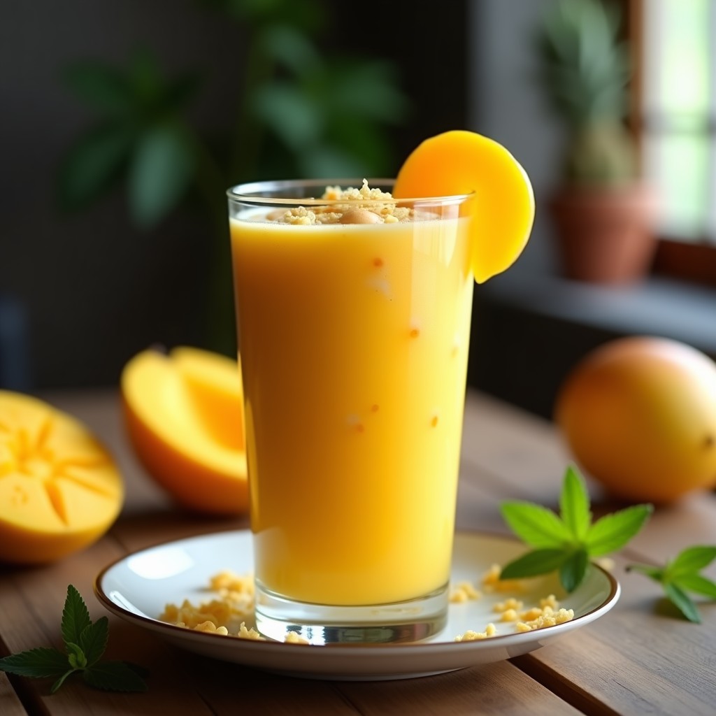 Vaso alto transparente con smoothie de mango y jengibre, color amarillo dorado con vetas naranjas, decorado con semillas de chía y una rodaja de limón al borde. Fondo blanco con hojas de menta fresca.