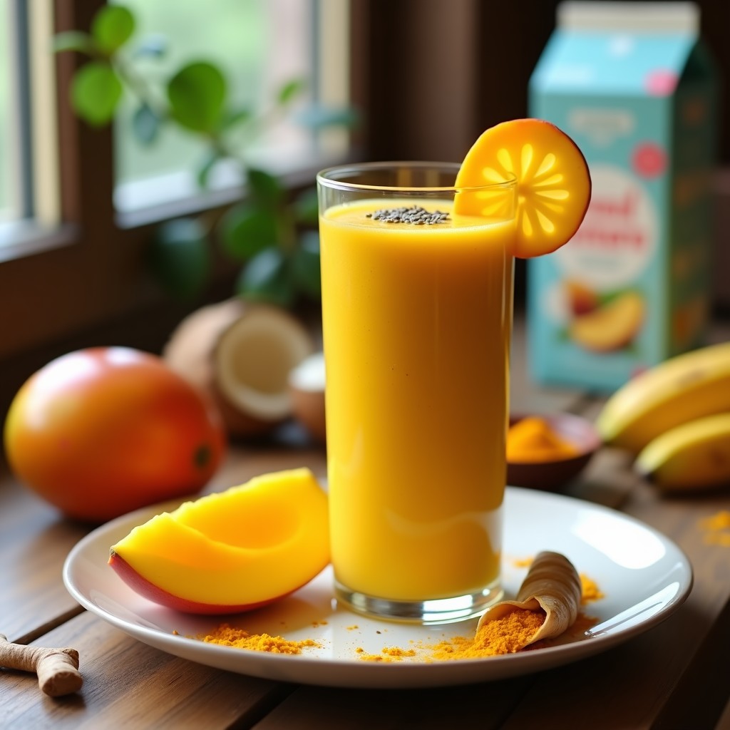Vaso alto transparente con smoothie de mango, jengibre y cúrcuma, de color amarillo intenso, decorado con semillas de chía y una rodaja de mango. fondo de madera rústica con ingredientes dispersos.