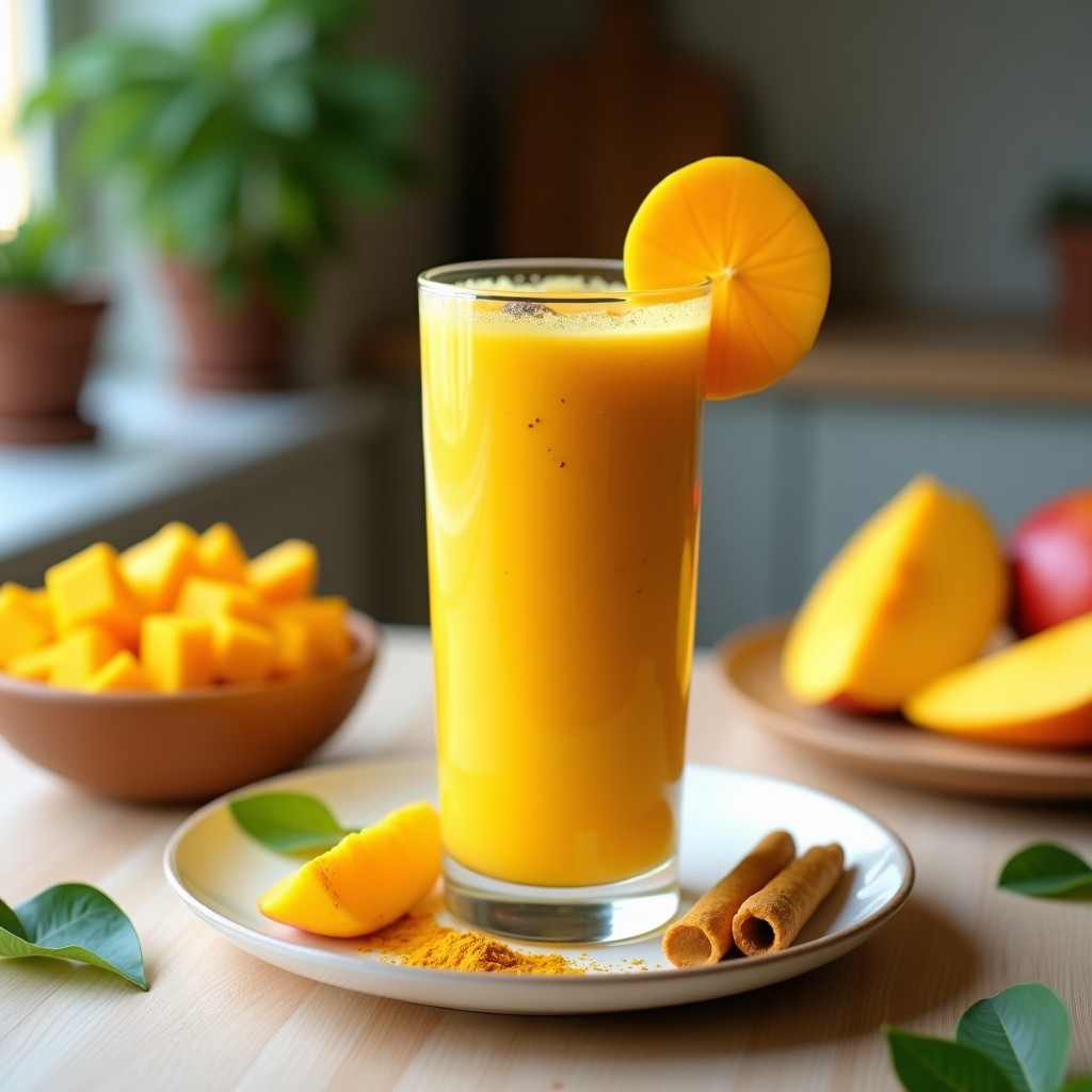 Vaso alto de cristal con smoothie de mango, jengibre y cúrcuma, decorado con rodajas de mango fresco y una pizca de cúrcuma en polvo sobre la superficie cremosa, fondo claro con hojas verdes.