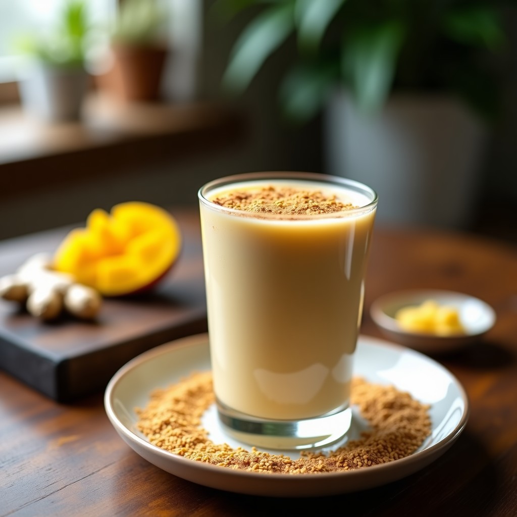Vaso alto transparente con smoothie cremoso de color beige claro, coronado con una pizca de canela y semillas de lino dorado. Al fondo, trozos de mango fresco y una rodaja de jengibre sobre una tabla de madera oscura. Receta de smoothie de mango y leche de tigernut con jengibre, vegano y sin lactosa.