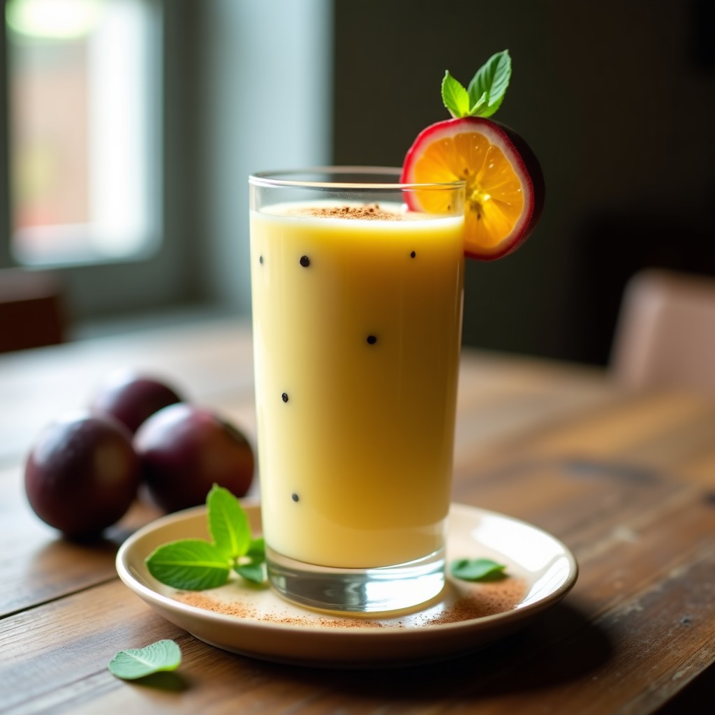 Vaso alto transparente con smoothie de maracuyá y kéfir sin azúcar, de color amarillo cremoso con semillas negras de maracuyá visibles. Decorado con una rodaja de maracuyá y una pizca de canela en polvo, sobre una mesa de madera con hojas de menta al lado.