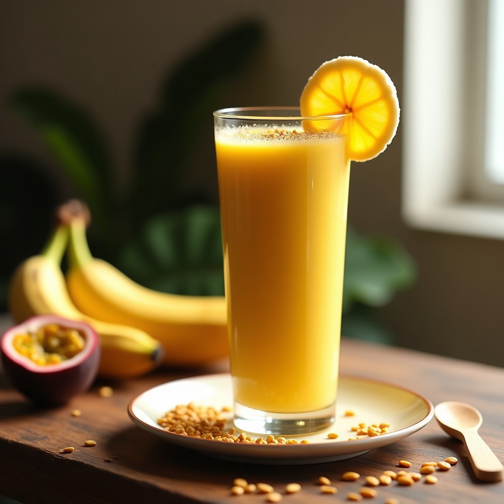 Vaso alto transparente con smoothie de maracuyá y plátano, color amarillo vibrante, decorado con semillas de lino dorado y una rodaja de maracuyá en el borde, sobre una mesa de madera con ingredientes dispersos: plátano, maracuyá abierto y cuchara de madera.