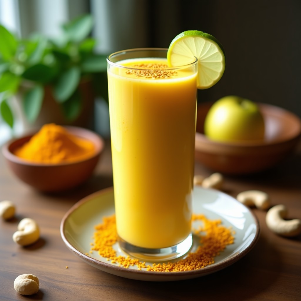 Vaso alto de cristal con Smoothie de Marañón y Cúrcuma con Leche de Caju, de color amarillo dorado con vetas cremosas, decorado con semillas de lino y una rodaja de limón al borde. Fondo con hojas de menta y anacardos enteros.