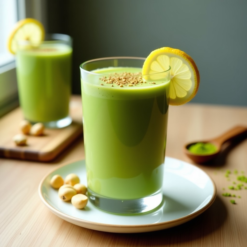 Vaso alto de cristal con smoothie verde cremoso de matcha, coronado con semillas de cáñamo doradas y una rodaja de limón. Fondo minimalista con hojas de matcha y anacardos dispersos, iluminación natural que resalta la textura sedosa de la bebida energética keto.