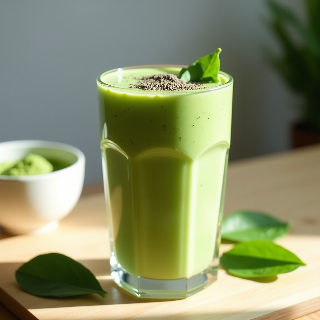 Vaso alto de cristal con smoothie verde cremoso de matcha y espinacas, decorado con semillas de chía y una pizca de matcha en polvo. Fondo claro con hojas de espinacas frescas y una cucharada de proteína en polvo al lado.