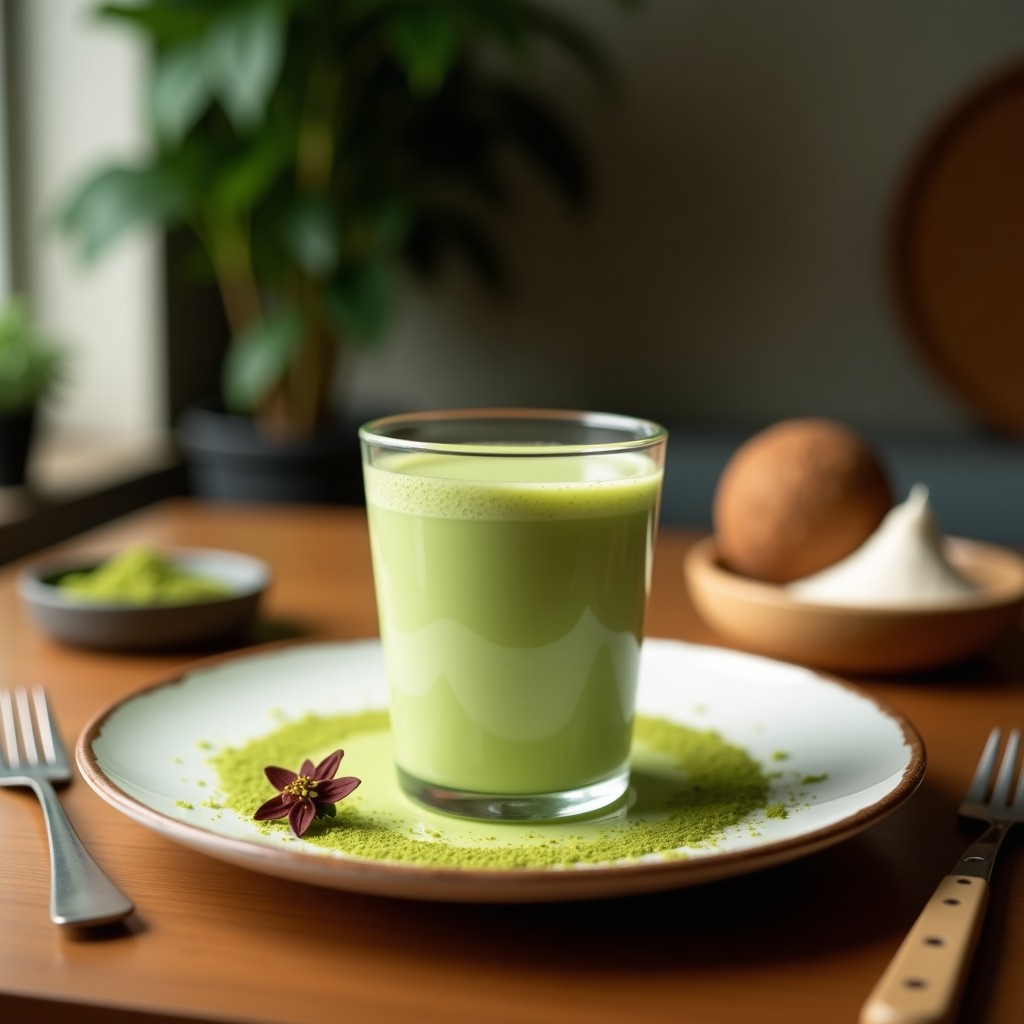 Vaso alto transparente con smoothie de matcha y leche de coco, color verde vibrante, decorado con semillas de chía y matcha espolvoreado, sobre fondo de madera rústica con hojas de menta.