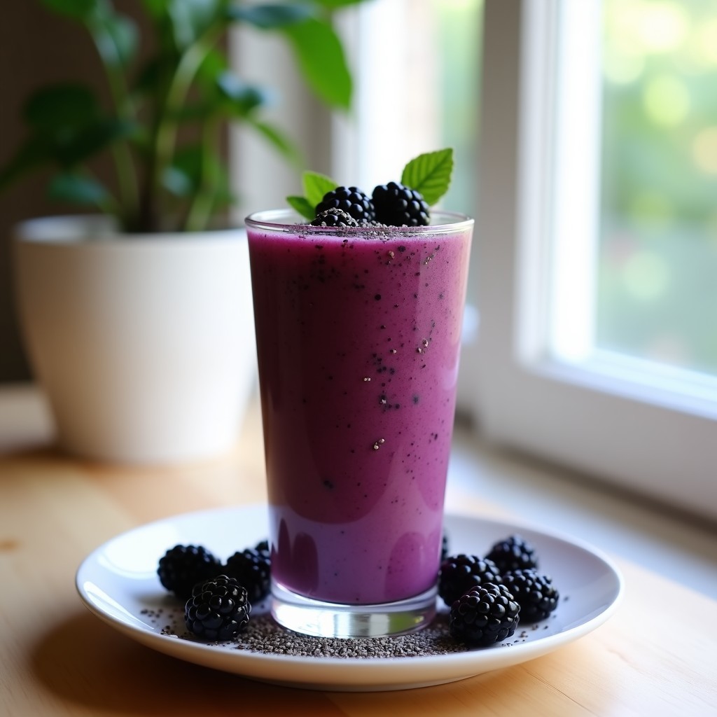 Vaso alto transparente con smoothie de mora y chía, color morado intenso, decorado con semillas de chía y moras frescas, fondo de cocina iluminada.