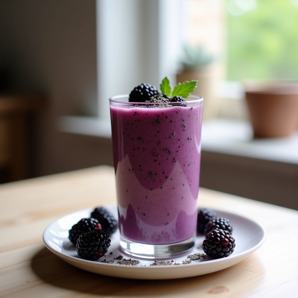Vaso alto transparente con smoothie morado de mora y chía, decorado con semillas de chía y moras frescas, fondo de cocina luminosa.
