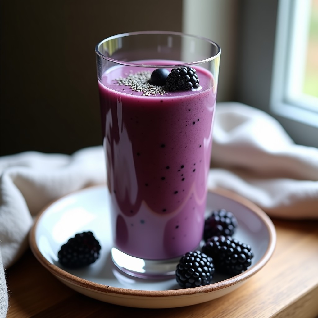 Vaso alto transparente con smoothie morado intenso de mora y chía, decorado con semillas de chía y moras frescas, sobre fondo de madera rústica y toalla de lino.