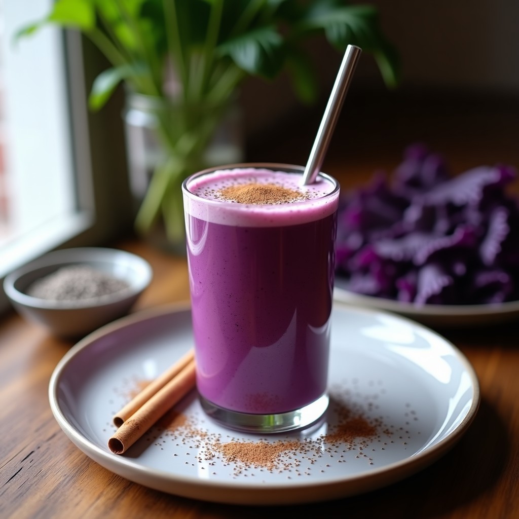 Vaso alto de smoothie morado vibrante con capas de color, decorado con semillas de chía y canela, servido con una pajita de metal sobre un fondo rústico de madera.