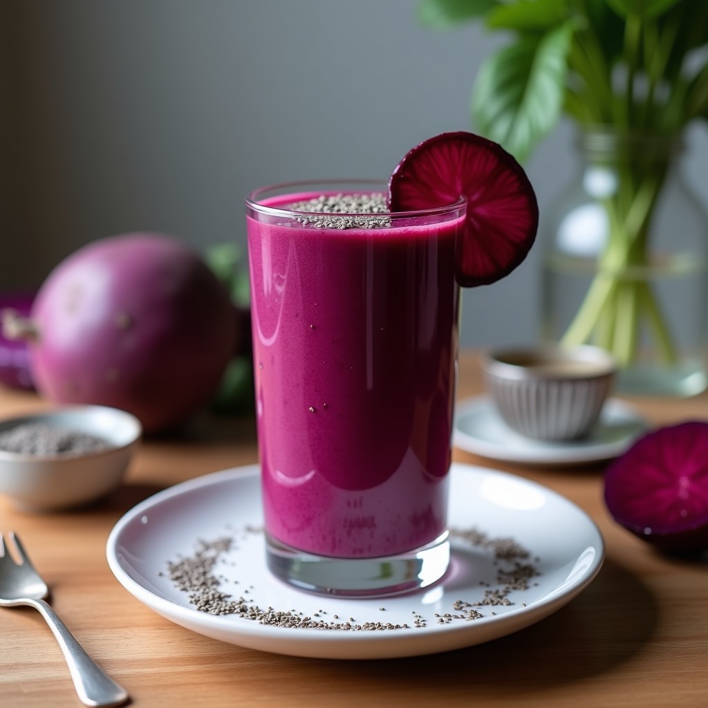 Vaso alto transparente con smoothie morado vibrante, decorado con semillas de chía y una rodaja de remolacha en el borde. Fondo de encimera de madera con hoja de col morada y remolacha entera.