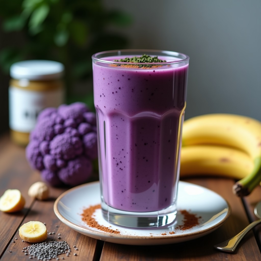 Vaso alto transparente con smoothie morado vibrante de coliflor, decorado con copos de algas nori y una pizca de canela, sobre fondo de madera rústica con ingredientes dispersos como plátano, semillas de chía y coliflor morada.