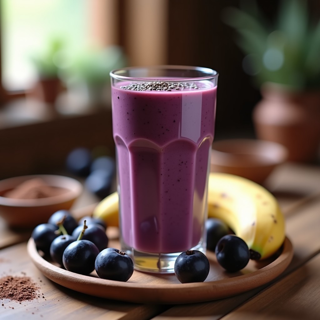 Vaso alto de cristal con smoothie morado vibrante de uvas negras y cacao, decorado con semillas de chía y cacao en polvo, sobre una mesa de madera con uvas y plátano al lado, receta antioxidante.