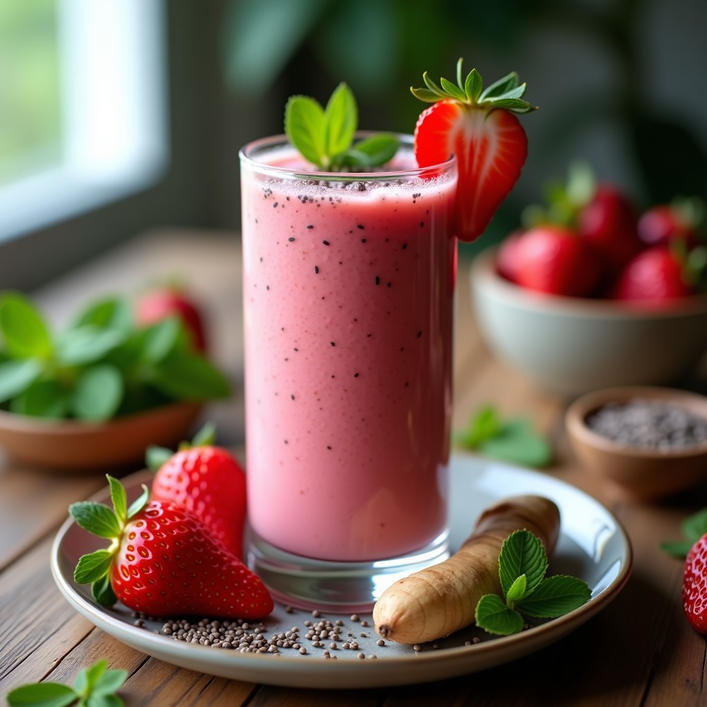 Vaso alto transparente con smoothie rosa vibrante de fresas y gengibre, decorado con semillas de chía y una rodaja de fresa, sobre fondo de madera rústica con hojas de menta.