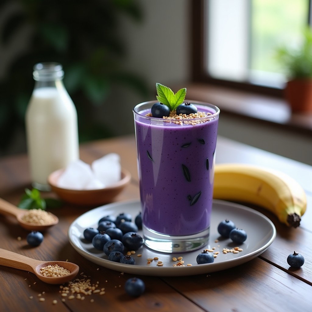 Vaso alto transparente con smoothie de moras azules y espirulina, color morado intenso, decorado con semillas de chía y una rodaja de limón. Fondo con moras azules frescas y hojas verdes, iluminación natural que resalta la textura cremosa de la bebida antioxidante sin lactosa.