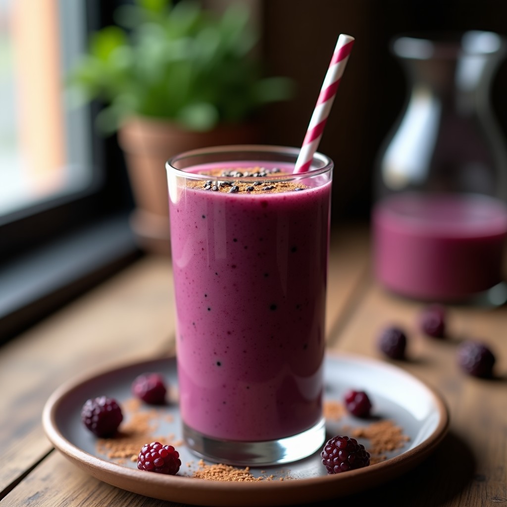 Vaso alto transparente con smoothie de morera y chía de color morado oscuro, decorado con semillas de chía y canela en polvo, sobre fondo de madera rústica con moras frescas esparcidas.