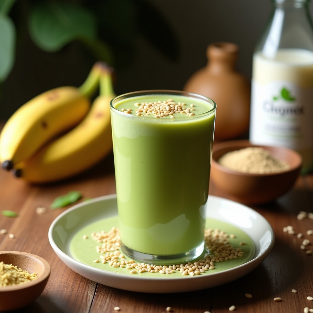 Vaso alto de cristal con Smoothie de Moringa y Plátano con Leche de Cáfre, bebida energética africana de color verde claro cremoso, decorado con una pizca de polvo de moringa y rodajas de plátano al lado, sobre fondo de madera rústica con hojas de moringa y semillas de baobab esparcidas.