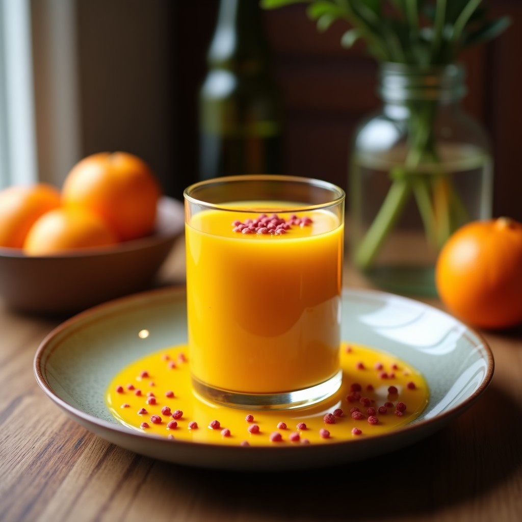 Vaso alto transparente con smoothie de zumo de naranja y cúrcuma con pimienta rosa, bebida antiinflamatoria de color dorado intenso, decorado con una rodaja de naranja y una pizca de cúrcuma en polvo por encima, sobre una mesa rústica con ingredientes al fondo.