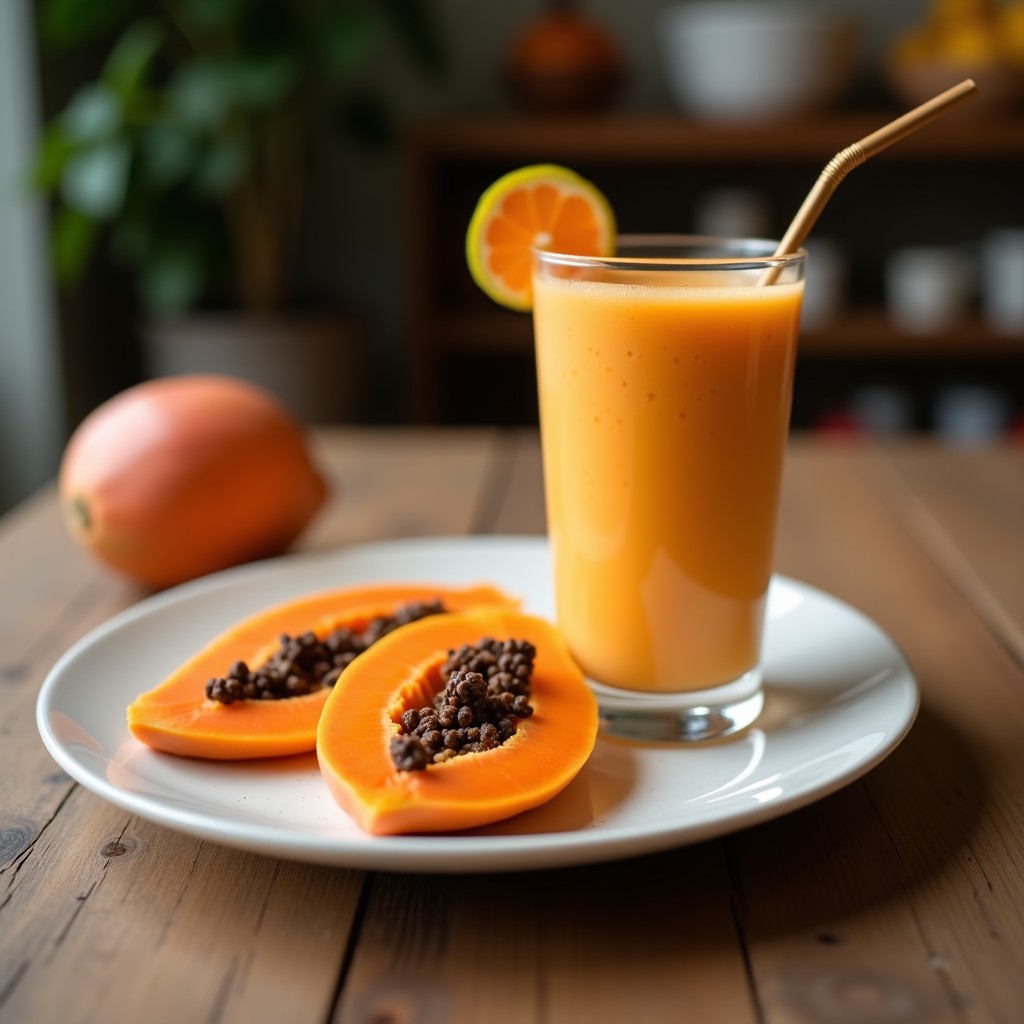 Vaso alto transparente con smoothie de papaya y chía, de color naranja vibrante, decorado con semillas de chía, una rodaja de limón y hojas de menta fresca. Fondo con luz natural y detalles tropicales como una papaya cortada y coco.