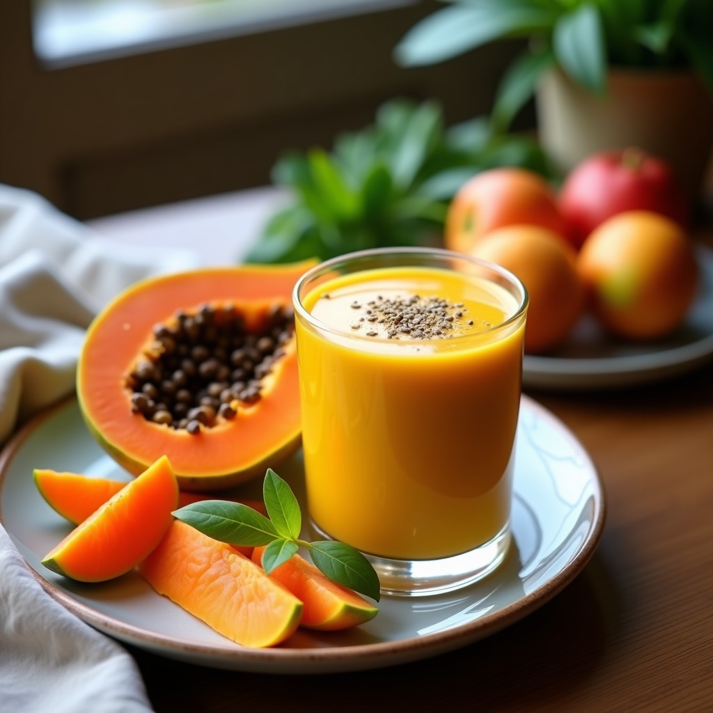Vaso alto transparente con smoothie de papaya y cúrcuma, color amarillo dorado, decorado con semillas de cáñamo y una rodaja de papaya fresca sobre fondo blanco. Bebida antiinflamatoria y energética.