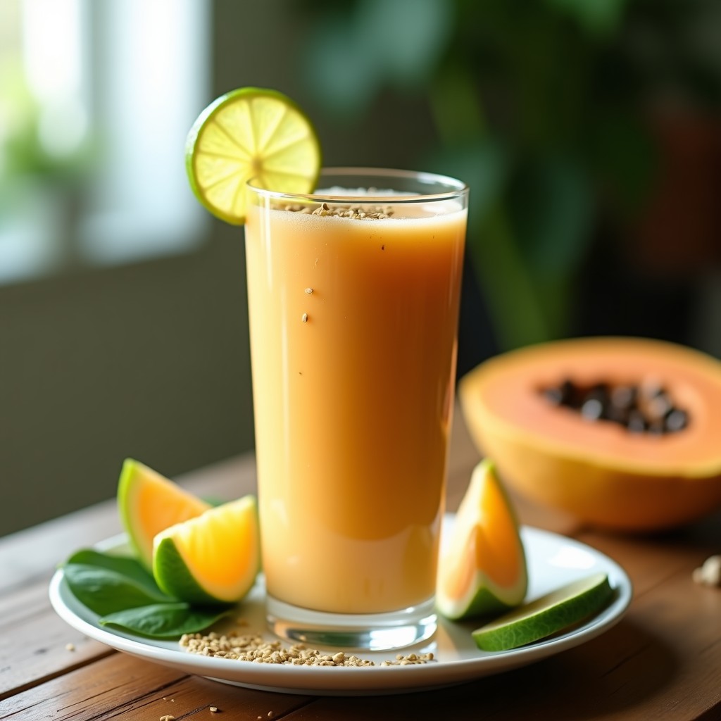 Vaso alto transparente con smoothie cremoso de color naranja claro, decorado con semillas de cáñamo y una rodaja de lima. Fondo con hojas de plátano y luz natural, resaltando la textura suave y el aspecto refrescante de la bebida tropical post-entreno.