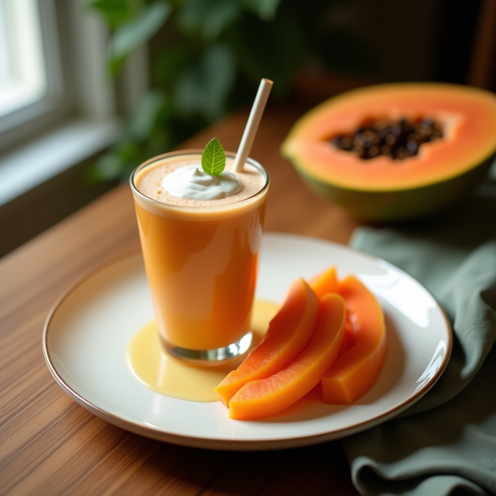 Vaso alto transparente con smoothie cremoso de color naranja claro, decorado con semillas de chía y canela en polvo, sobre una mesa de madera con hojas de menta y rodajas de papaya al fondo, bebida tropical keto.