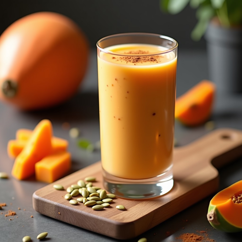 Vaso alto transparente con smoothie cremoso de color naranja claro, decorado con semillas de calabaza y una pizca de canela en polvo. Fondo con hojas de menta y rodajas de papaya fresca.