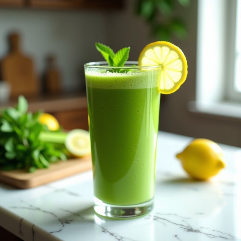Vaso alto transparente con smoothie verde brillante de pepino, apio y limón, decorado con rodaja de limón y hoja de menta, sobre fondo blanco con gotas de agua condensadas.