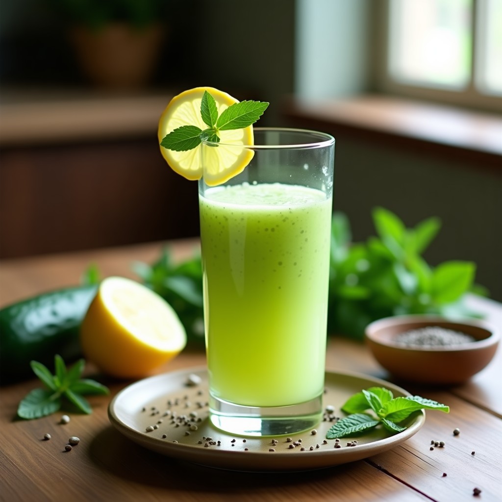Vaso alto transparente con smoothie verde claro de pepino, mentole y limón, decorado con rodaja de limón y hoja de menta, sobre fondo de madera rústica con ingredientes frescos alrededor.