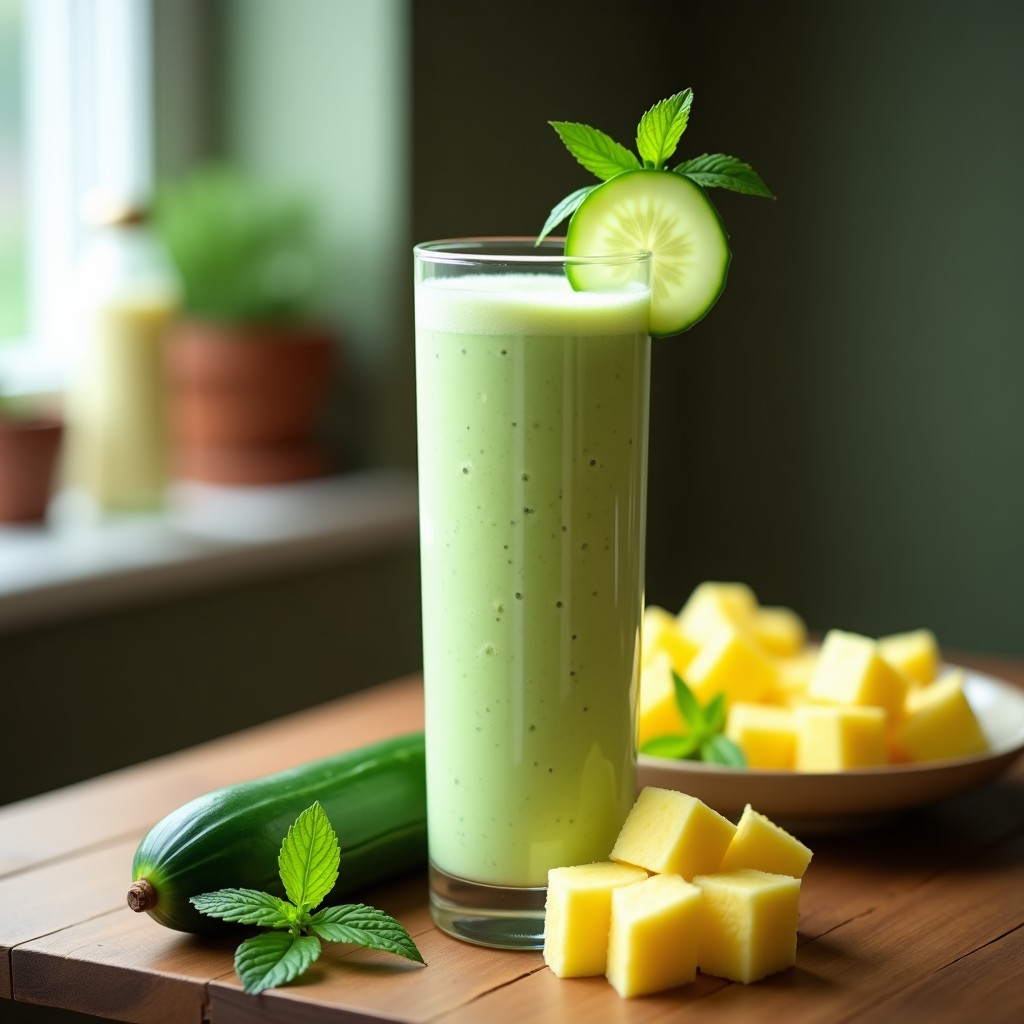 Vaso alto transparente con smoothie verde cremoso de pepino, piña y kéfir, decorado con una rodaja de pepino y hojas de menta fresca, sobre fondo de madera rústica con ingredientes dispersos.