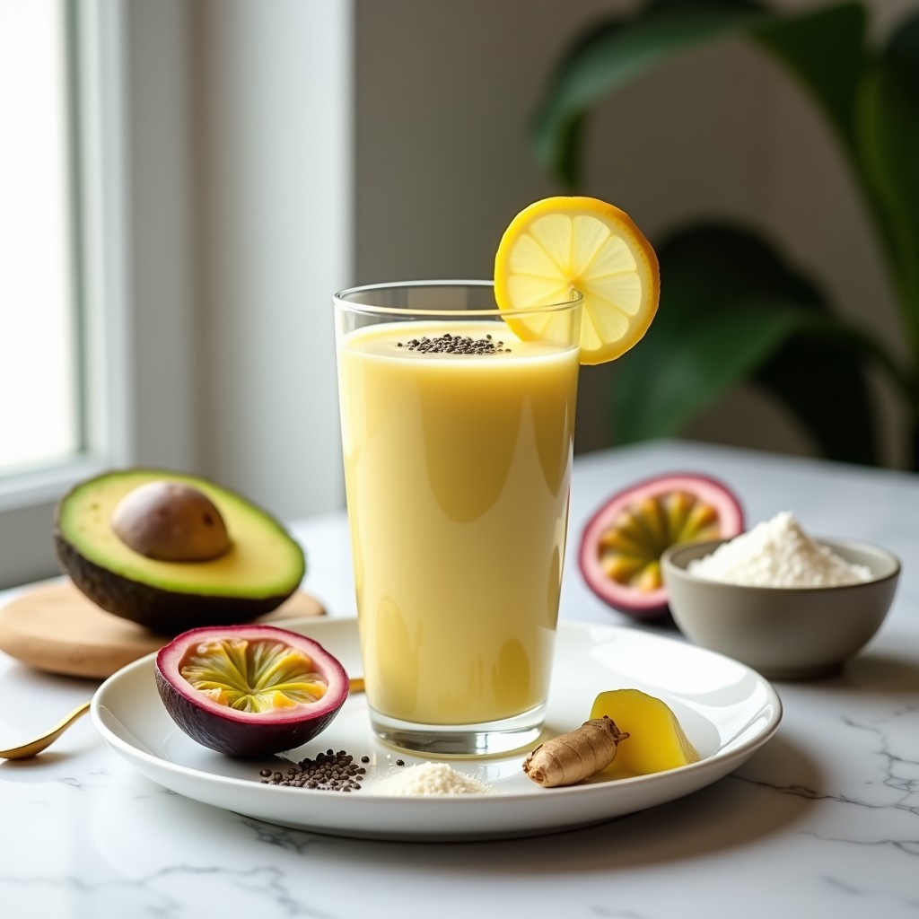Vaso alto transparente con smoothie cremoso de color amarillo pálido, decorado con semillas de chía y una rodaja de limón, sobre fondo blanco con ingredientes como maracuyá, aguacate y colágeno en polvo alrededor. Receta de smoothie de péptidos de colágeno y maracuyá keto para la piel.