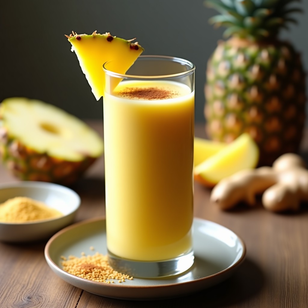 Vaso alto transparente con smoothie cremoso de color amarillo dorado, decorado con una rodaja de piña y una pizca de canela. Fondo con ingredientes: piña fresca, jengibre, semillas de lino y polvo de péptidos de guisante. Receta de smoothie de péptidos de guisante y piña con jengibre, alta en proteína y detox.