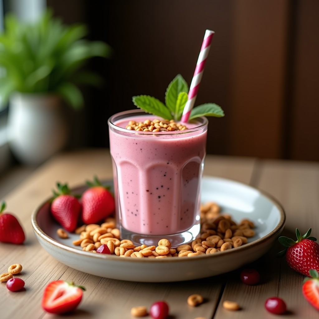 Smoothie cremoso de color verde claro servido en vaso alto con hielo, decorado con una rodaja de pera y jengibre rallado, bebida post-entreno sin lactosa con proteína en polvo.