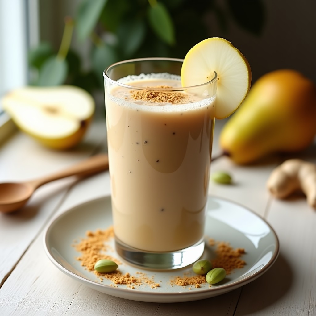 Vaso alto transparente con smoothie de pera y cardamomo con leche de almendras, decorado con una pizca de cardamomo en polvo y una rodaja de pera en el borde. Fondo claro con ingredientes dispersos: semillas de cardamomo, pera cortada y una cuchara de madera.