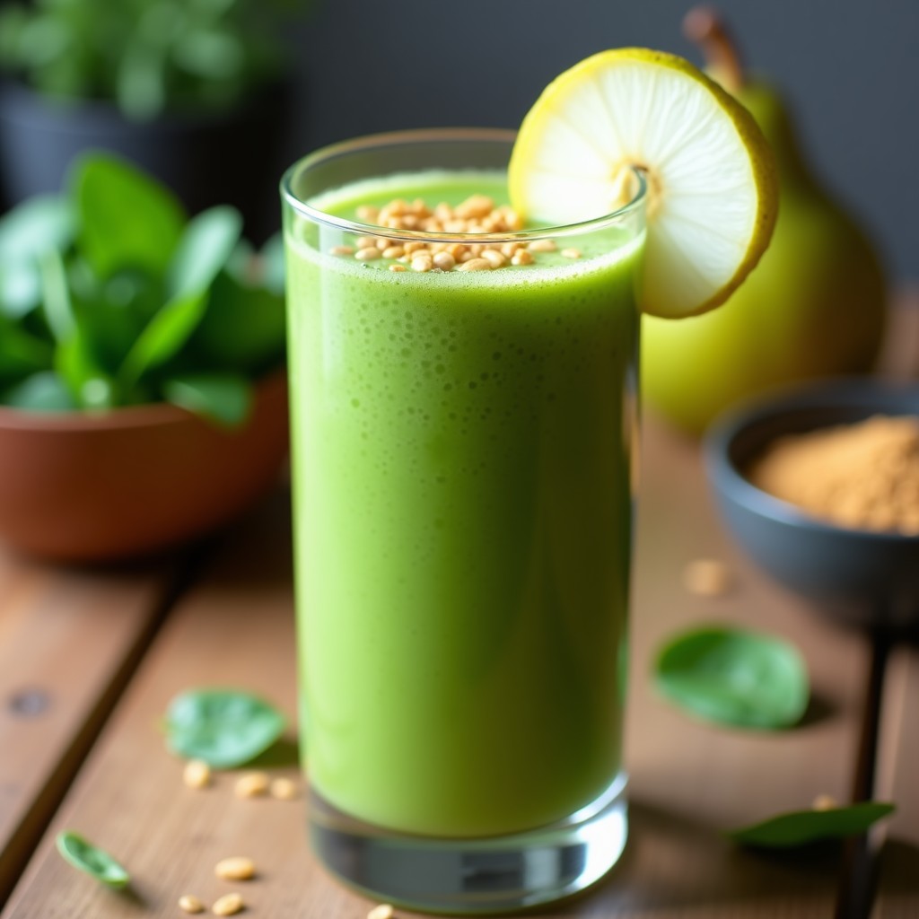 Vaso alto transparente con smoothie verde cremoso de pera, espinaca y proteína de guisante, decorado con semillas de lino y una rodaja de pera. Bebida keto post-entreno fresca y nutritiva.